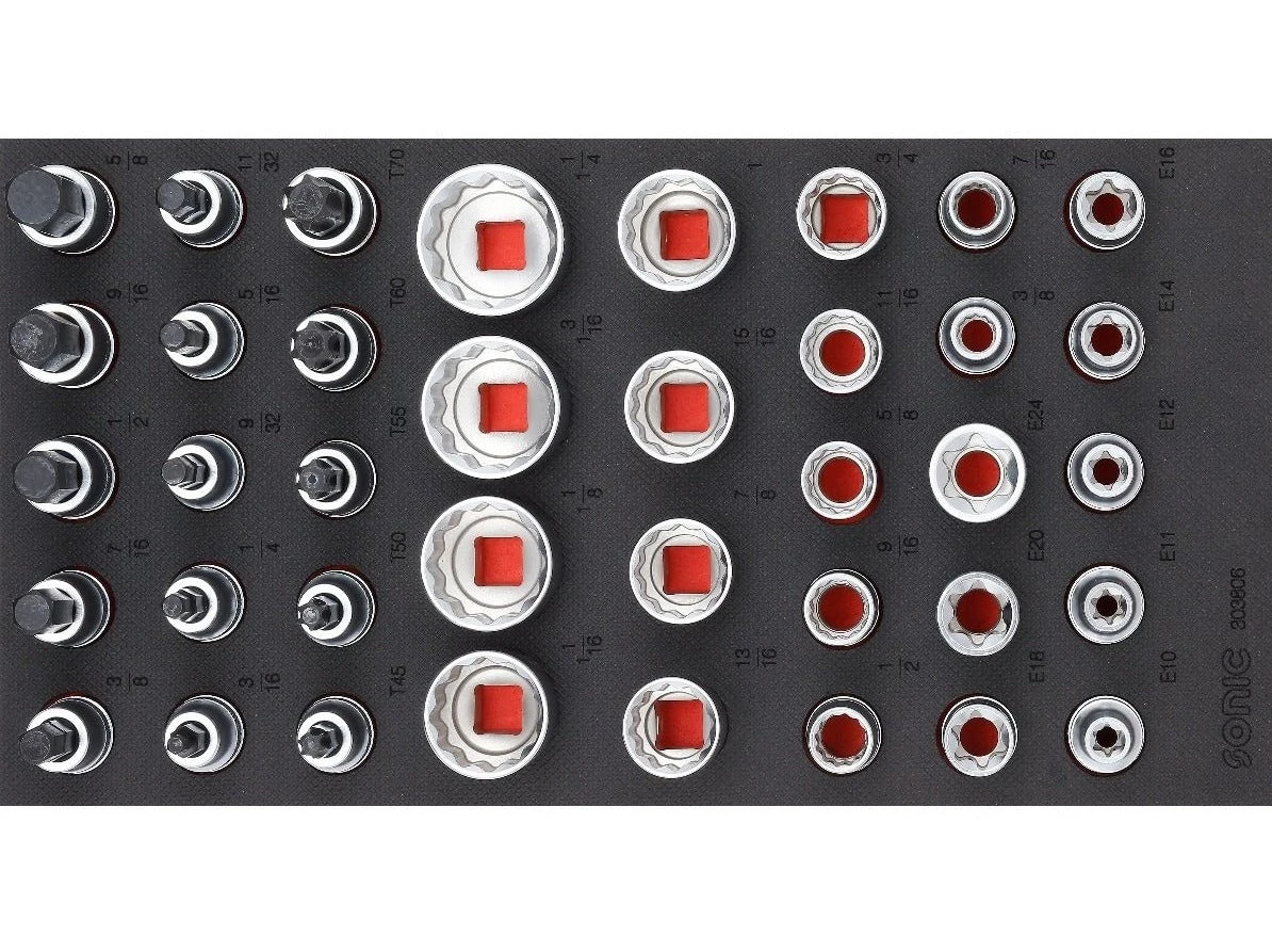 Sonic Foam System - Socket And Bit Socket Set 1/2" (SAE) - 38 Pieces - 1/3 (Small) 1 Sonic Foam System - Socket And Bit Socket Set 1/2" (SAE) - 38 Pieces - 1/3 (Small)