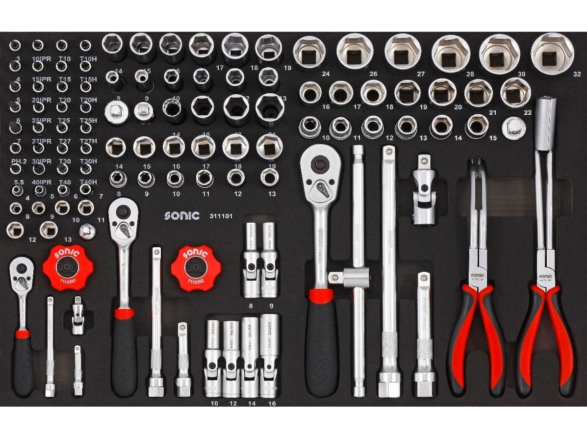 Sonic Foam System - Bit Socket Set 1/4" 3/8" 1/2" - 111 Pieces - 26" (Medium) 1 Sonic Foam System - Bit Socket Set 1/4" 3/8" 1/2" - 111 Pieces - 26" (Medium)