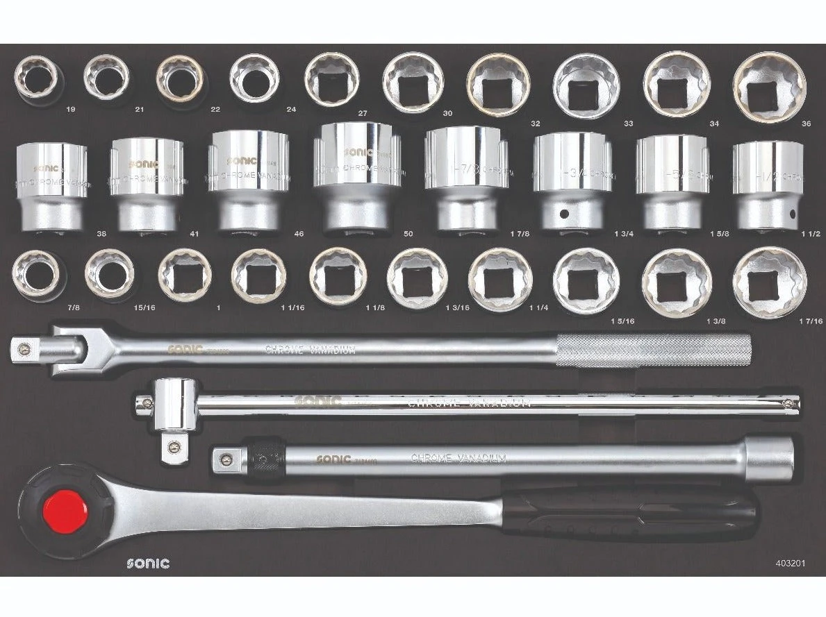 Sonic Foam System - Metric Socket, (SAE) Socket Set 3/4" - 32 Pieces - 26" (Medium) 1 Sonic Foam System - Metric Socket, (SAE) Socket Set 3/4" - 32 Pieces - 26" (Medium)